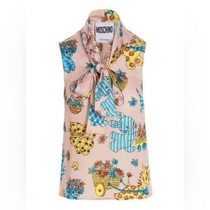 MOSCHINO COUTURE! Nursery Animals Calico Pink Sleeveless Tie Blouse Size 8 NWT
